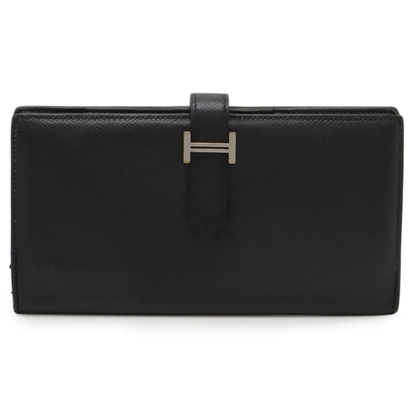 HERMES Bearn Soufflet Bi-fold Long Wallet Black Leather Silver Hardware